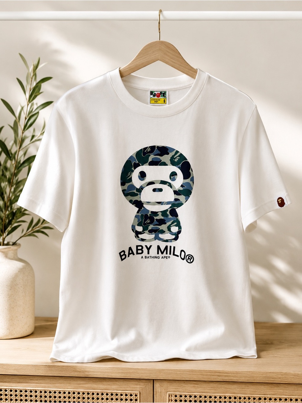 A Bathing Ape Baby Milo White Tee with Blue-Green Camo Graphic